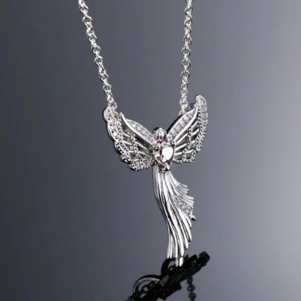 sterling silver open wing angel necklace with Cubic Zirconia